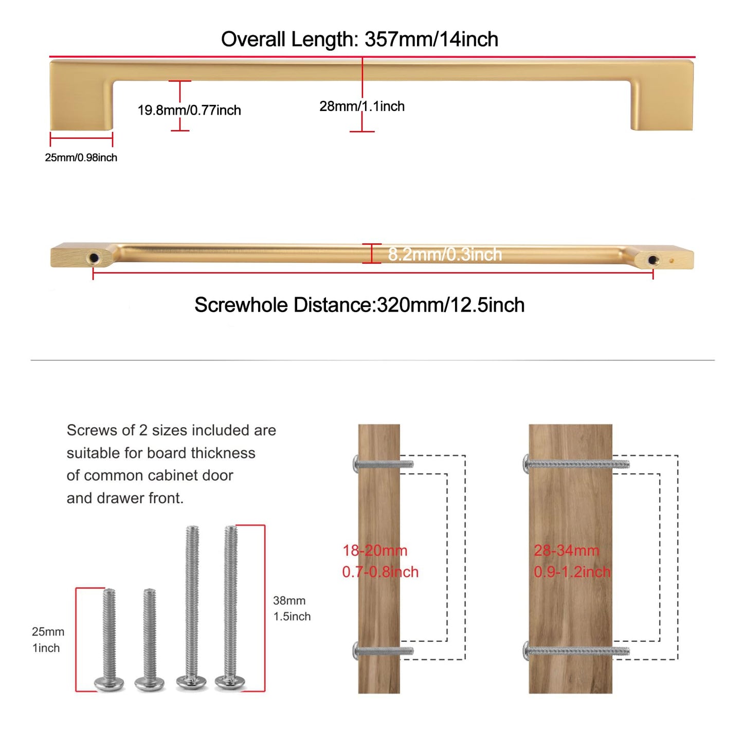 TUNNY 5 Pack Classic Cabinet Handles-12.6"/320mm Screw Spacing Brushed Gold Furniture Hardware Handles for Kitchen Cabinets Bedroom Cabinet Pull