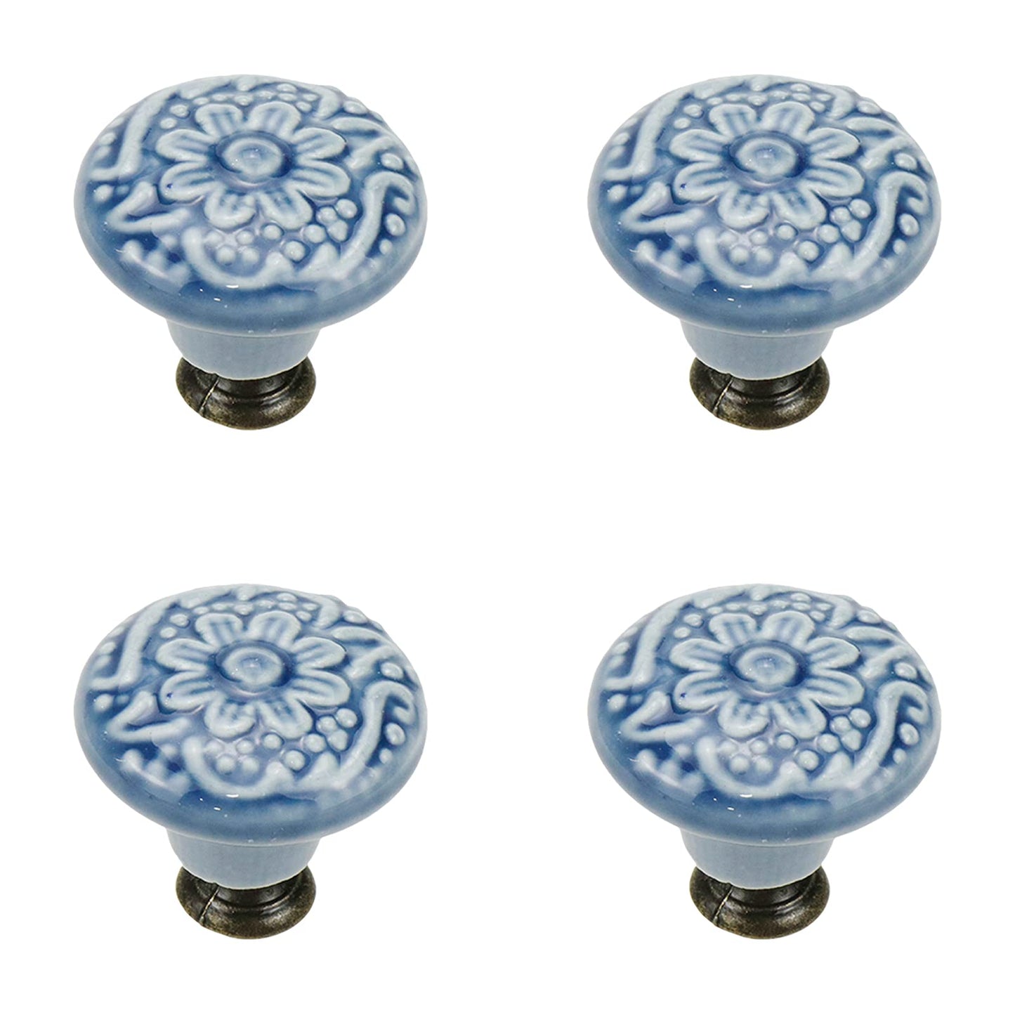 Geesatis 4 Pcs Ceramic Cabinet Kitchen Knobs Handles Vintage Round Single Hole Knobs for Drawer Cupboard Closet, with Mounting Screws, Blue