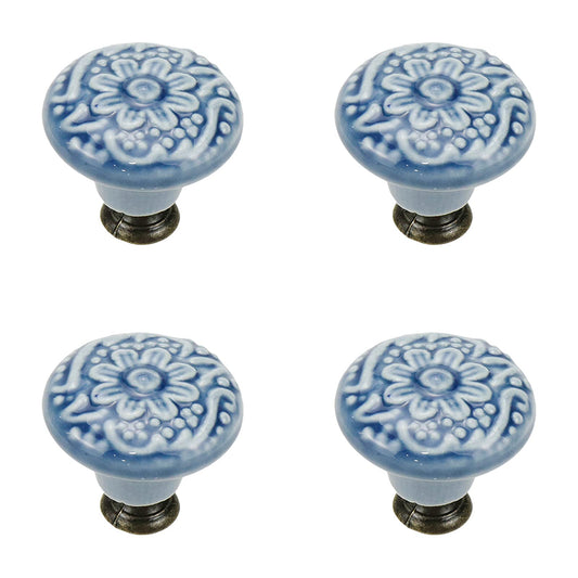 Geesatis 4 Pcs Ceramic Cabinet Kitchen Knobs Handles Vintage Round Single Hole Knobs for Drawer Cupboard Closet, with Mounting Screws, Blue