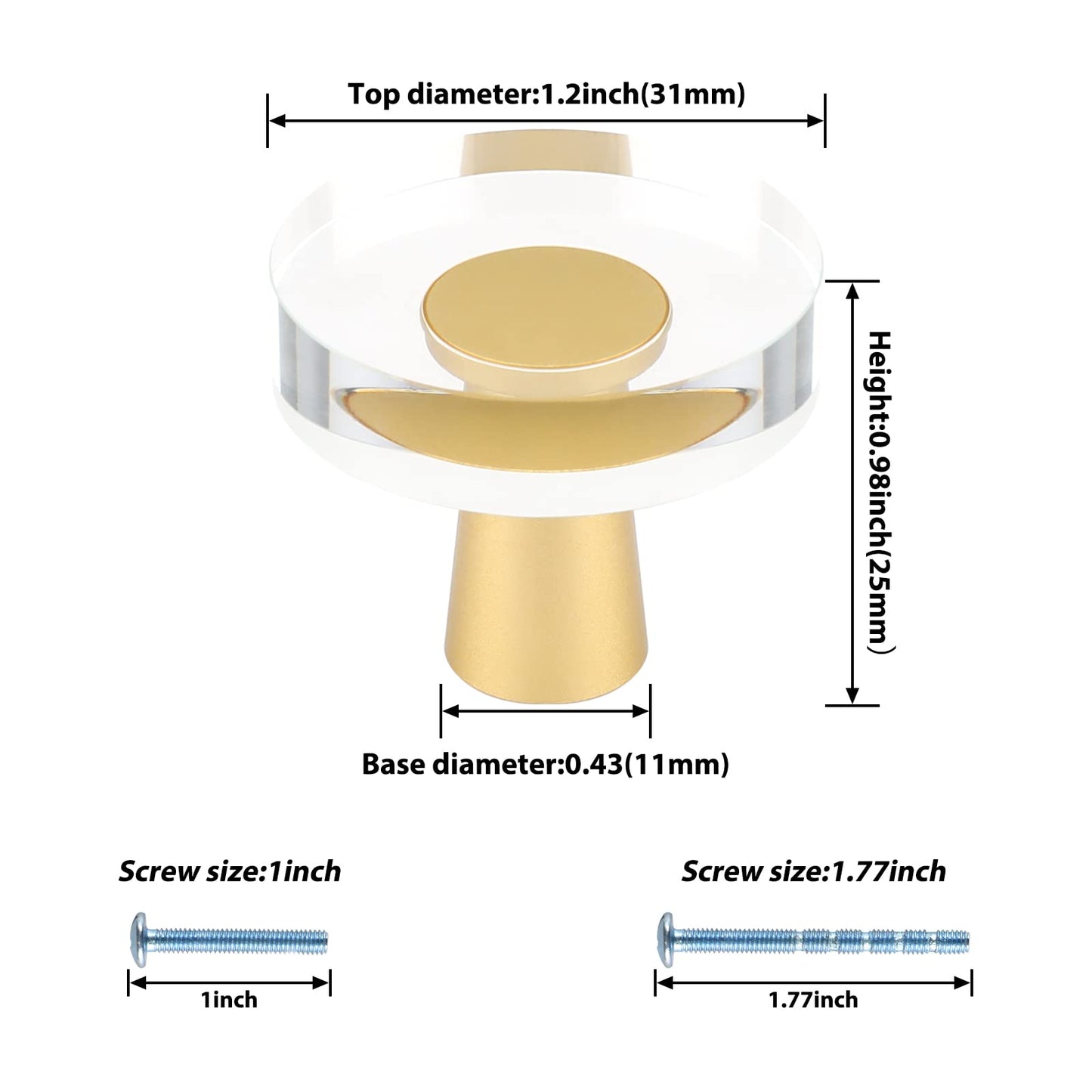 LONTAN 10 Pack Glass Crystal Cabinet Knobs Brass Cabinet Knobs Acrylic Dresser Knobs Brushed Brass Kitchen Knobs for Cabinets and Drawers Round Gold Cabinet Hardware for Bathroom,Aluminum Alloy Base