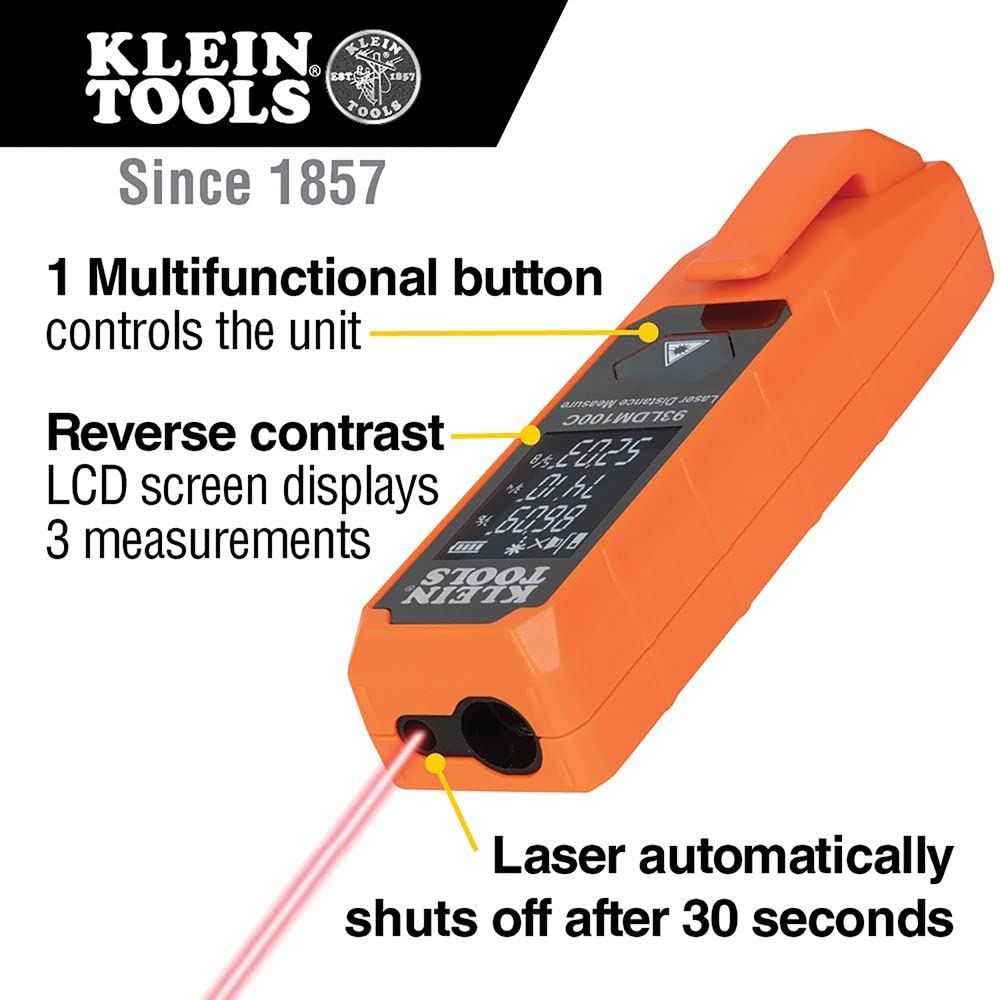 Klein Tools 93LDM100C Compact Laser Distance Measure, 100 Feet, Measures in Feet, Inches, Meters