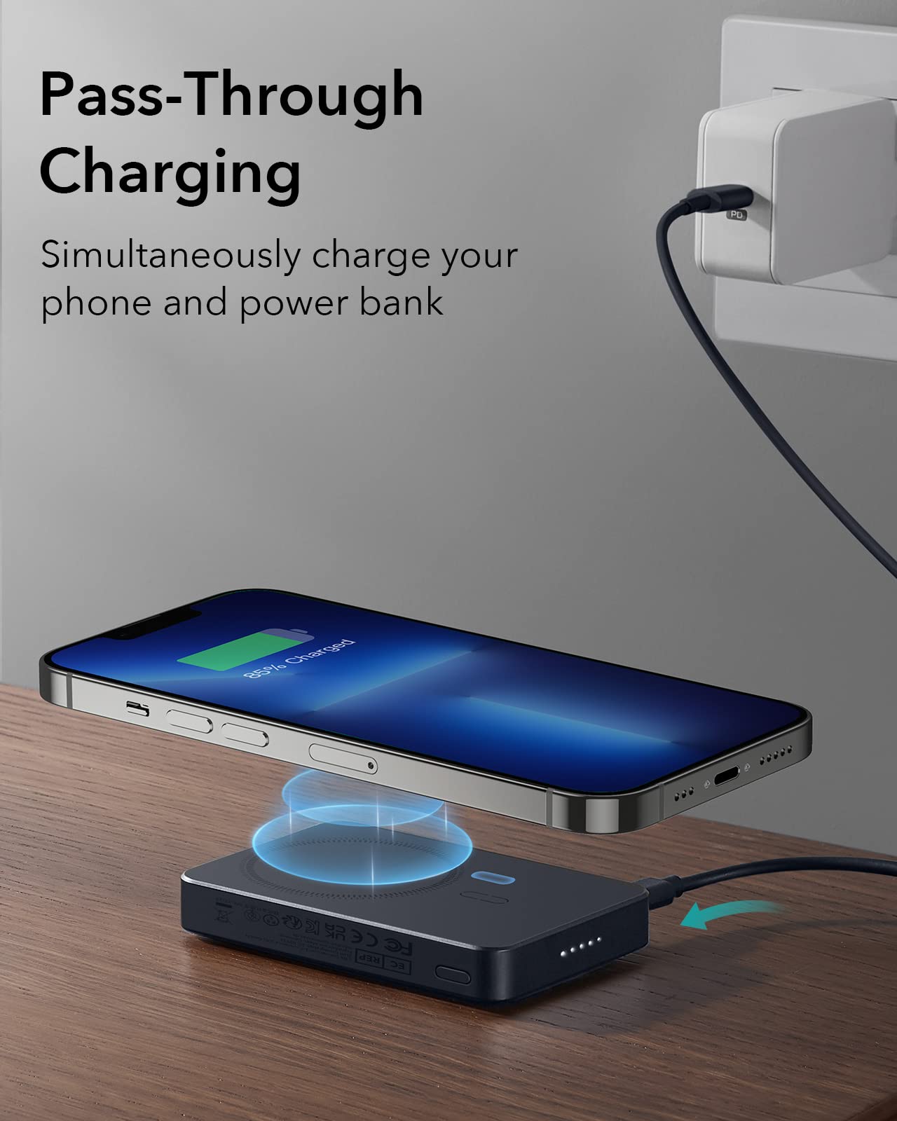 ESR 10,000mAh Wireless Power Bank with USB-C Cable(HaloLock), Compatible with MagSafe Battery Pack, Magnetic Wireless Portable Charger for iPhone 15/14/13/12, Compatible with MagSafe Power Bank, Black