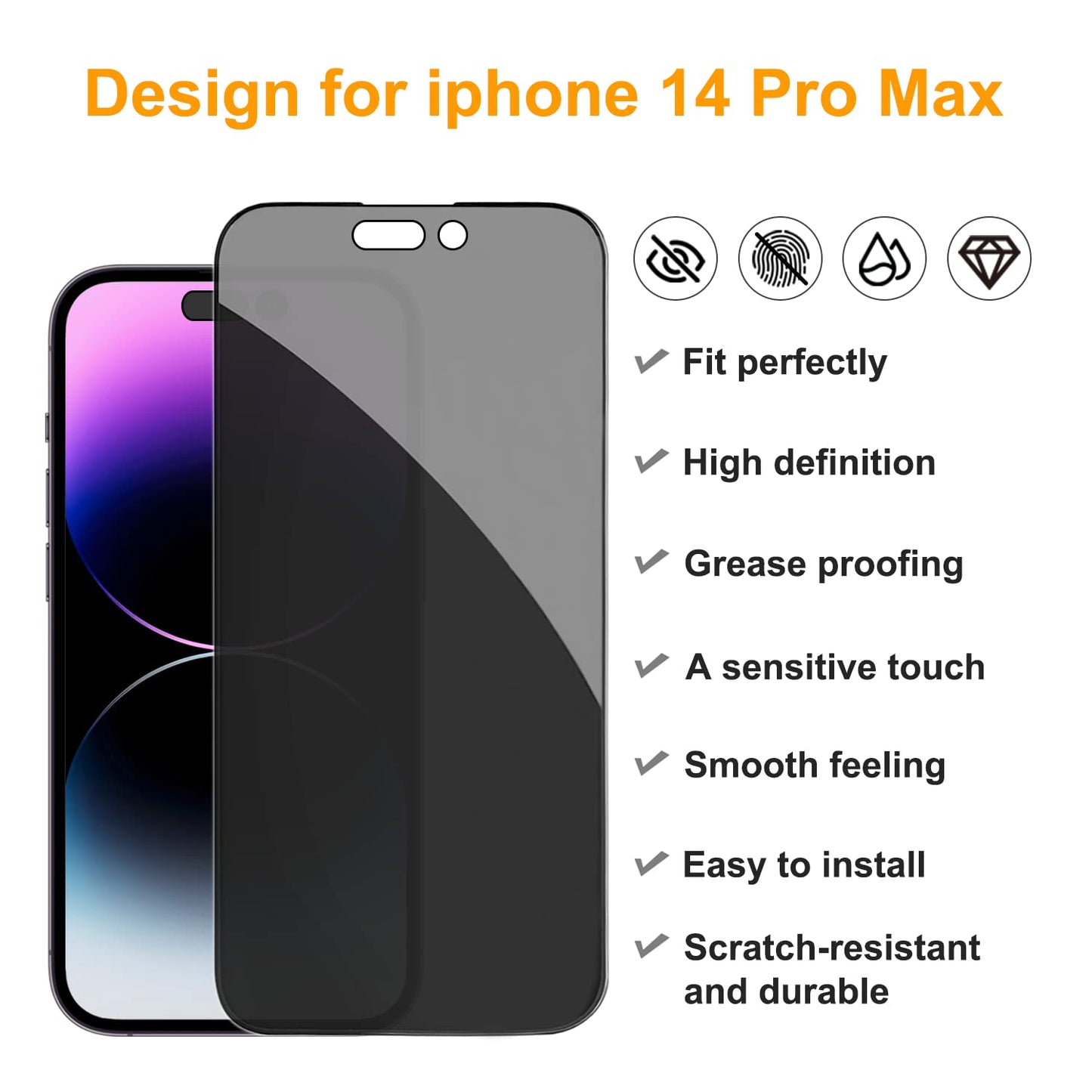 Pehael [2+2 Pack] iPhone 14 Pro Max Privacy Screen Protector with Camera Lens Protector Full Coverage Anti-Spy Tempered Glass Film 9H Hardness Upgrade Edge Protection Easy Installation Bubble Free Specially Designed for 2022 [6.7 inch]