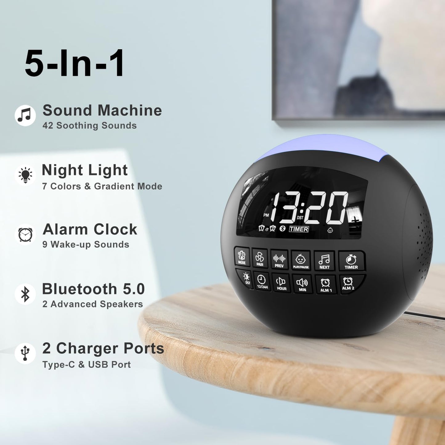 5-in-1 White Noise Sound Machine + Bluetooth + Night Light, 42 Soothing Sounds Sleep Machine for Kids Baby Adults, 8 Timer & Adjustable Volume, USB & Type-C Ports, Dual Alarm Clocks for Bedrooms…