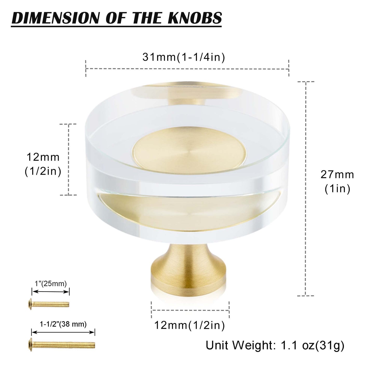 QOGRISUN 2-Pack Glass Crystal Knobs Brass Drawer Knobs Dresser Pulls, 1-1/4-Inch Round, Gold Cabinet Hardware for Kitchen Bathroom