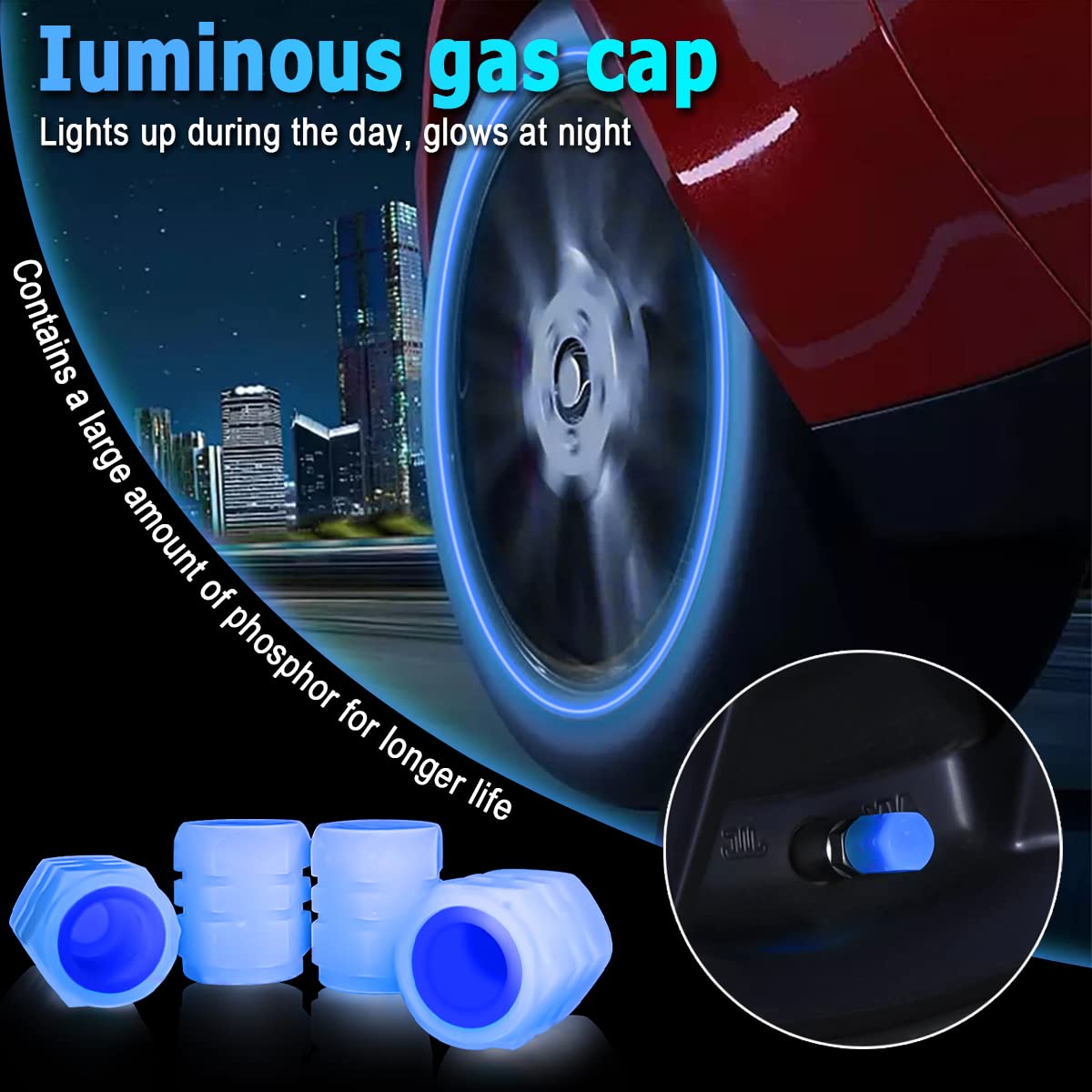 Fluorescent Car Tire Valve Stem Caps, 12PCS Auto Luminous Illuminated Wheel Valve Cover, Corrosion Resistant Glow in The Dark, Car Decor Accessories for Motorcycles, SUV, Trucks, Car (Blue)