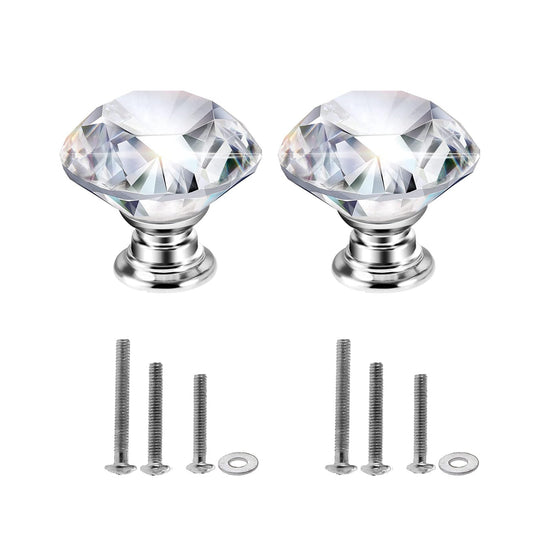 Mtsooning 2pcs 40mm Diamond Crystal Glass Knob for Closet Cabinet Drawer Kitchen Dresser Cupboard Wardrobe,3 Size Screws,Clear