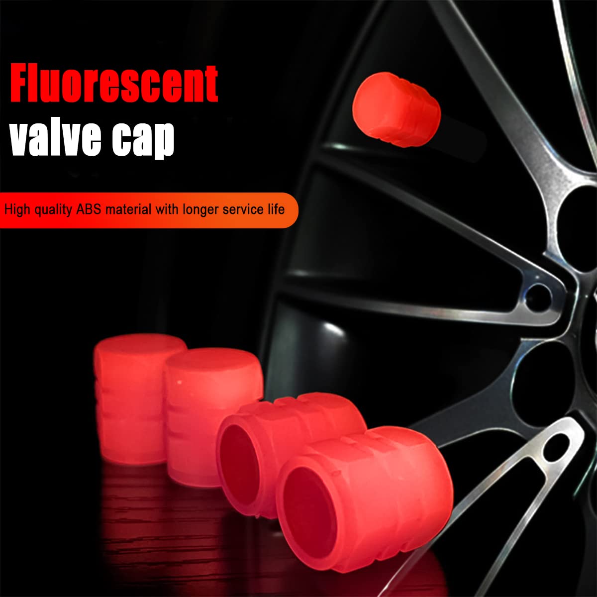 4PCS Fluorescent Car Tire Valve Stem Caps, Luminous Glow in The Dark Auto Tire Valve Cover, Illuminated Corrosion Resistant, Car Decor Accessories Universal for SUV, Trucks, Cars (Red1)