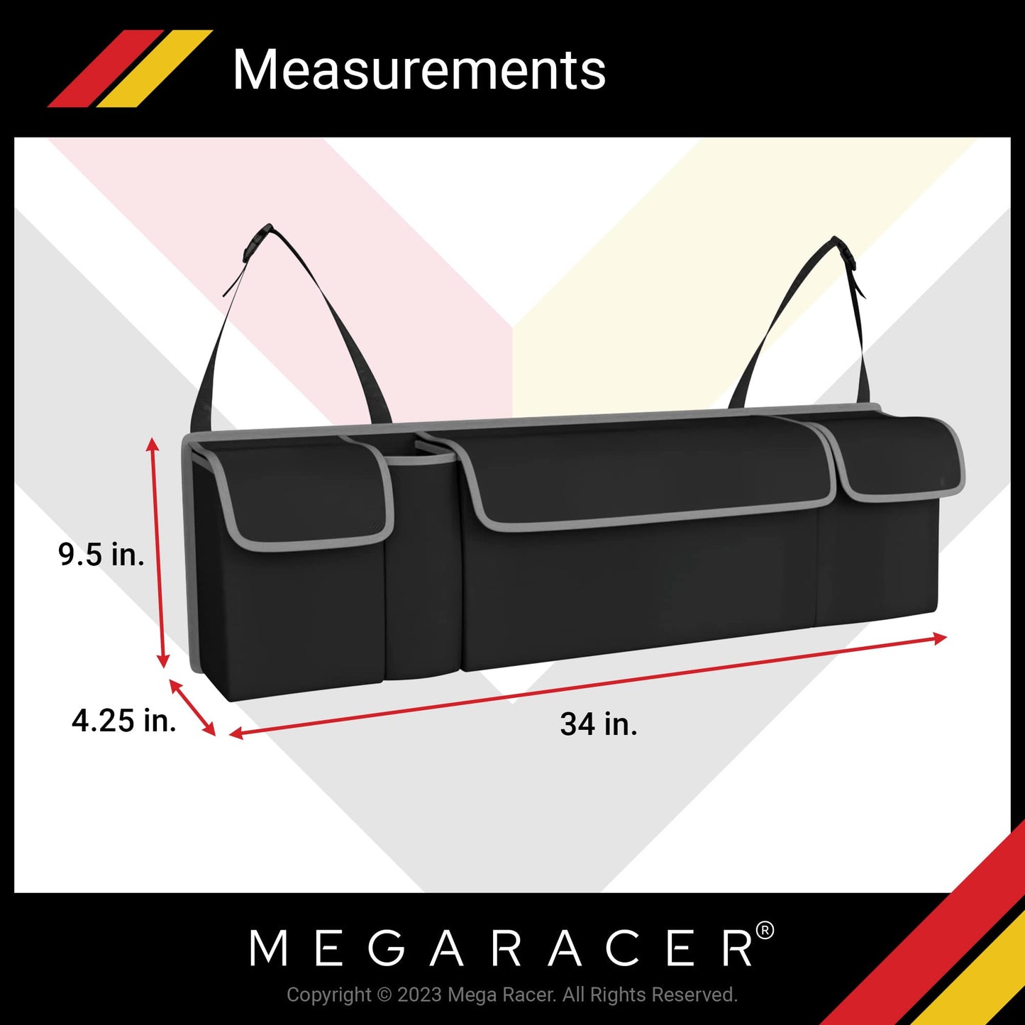 Mega Racer Black Trunk Organizer - 600D Polyester & Oxford Cloth Material, 4 Large Storage Pockets, 2 Adjustable Rear Clips, Storage Accessories For Cars Pickup Trucks SUV Vans, Waterproof, 1 Piece