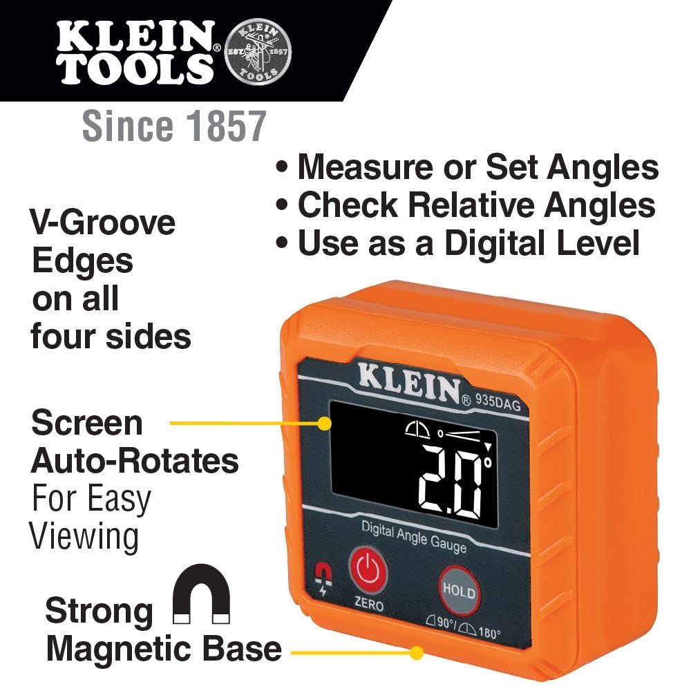 Klein Tools 935DAG Digital Electronic Level and Angle Gauge, Measures 0 - 90 and 0 - 180 Degree Ranges, Measures and Sets Angles