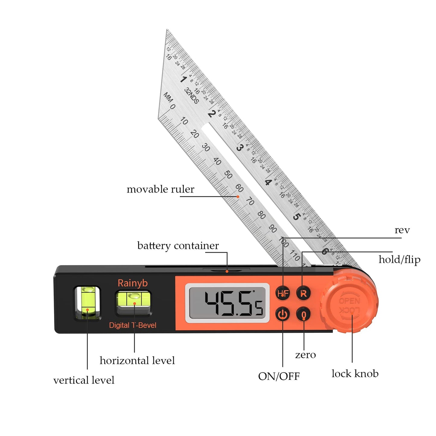 Digital Angle Finder Protractor 0-360 Degree T-Bevel Gauge & Protractor with Horizontal Vertical Bubble & Full LCD Display for Woodworking, Metalworking, Construction