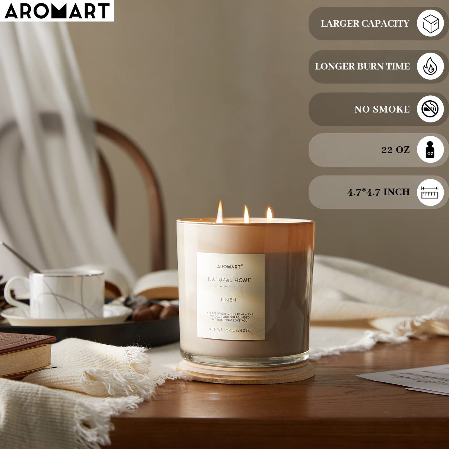 AROMART 3 Wick Large Scented Candles 22 Oz,Linen Aromatherapy Candles for Home Scented,Soy Candles with 8% Essential Oils,Long Burning,Soy Wax Candles Gifts for Women Men