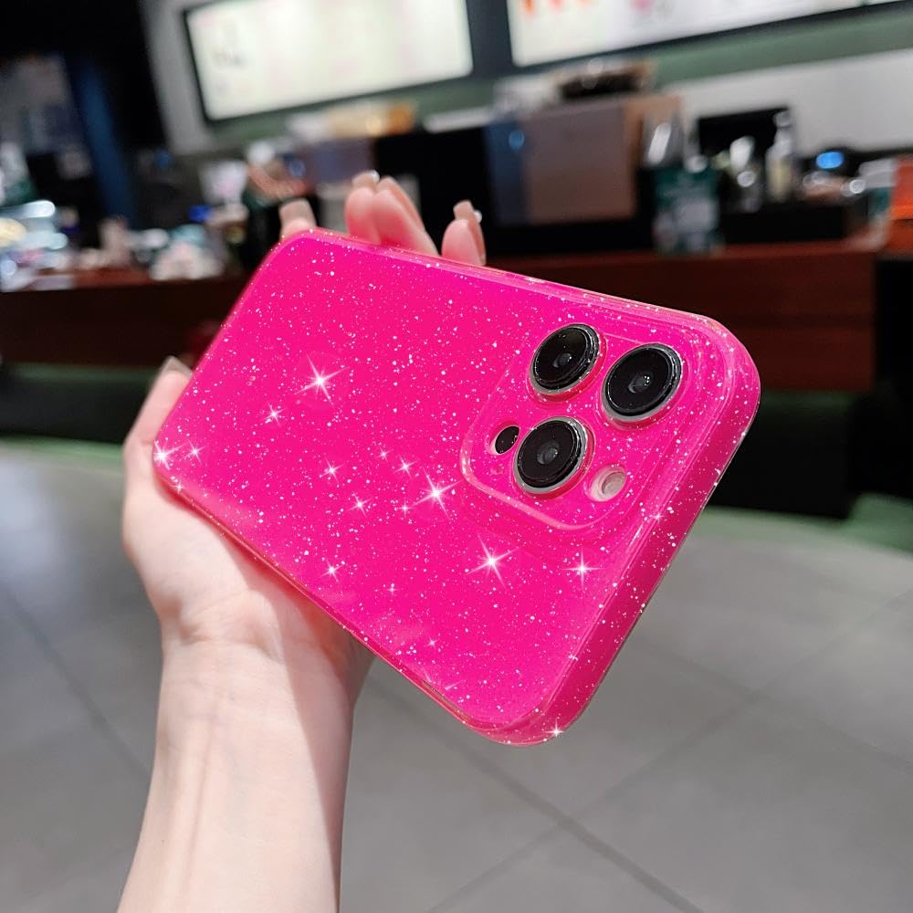 Finyosee Compatible with iPhone 15 Pro Case 6.1 inch(2023 Release), Cute Neon Bright Color,Glitter Bling Thin Slim Shockproof Silicone Sparkly Case, Soft TPU Phone Case for Women Girl-Hot Pink