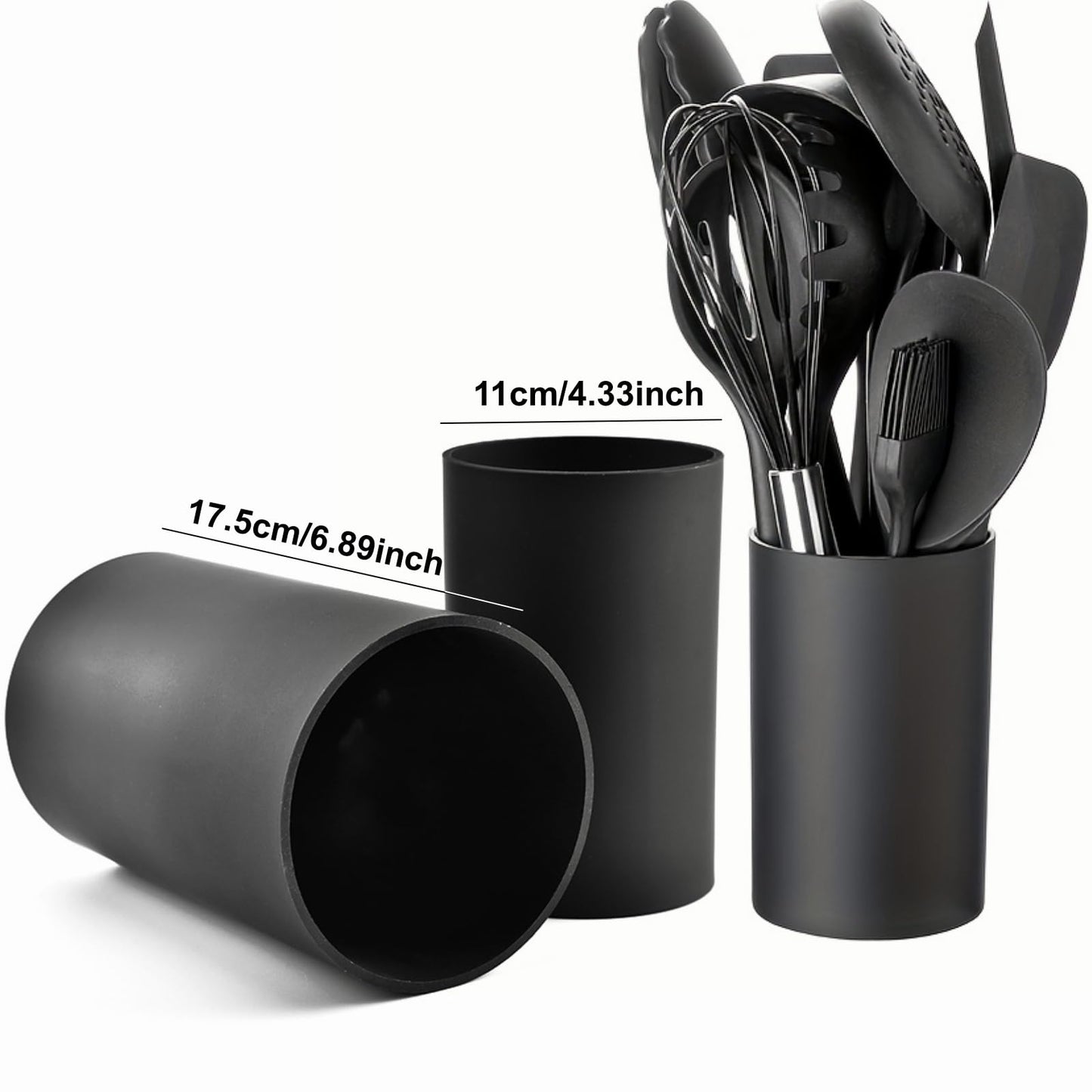 RESEYA Kitchen Utensil Holder for Countertop, Plastic Cooking Utensil Crock Storage for Counter and Table, Farmhouse Utensil Holder, Easy to Clean Home Utensils Organizer with Drain Holes, Black