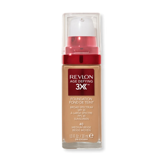 Revlon Liquid Foundation, Age Defying 3XFace Makeup, Anti-Aging and Firming Formula, SPF 30, Longwear Medium Buildable Coverage with Natural Finish, 040 Medium Beige, 1 Fl Oz