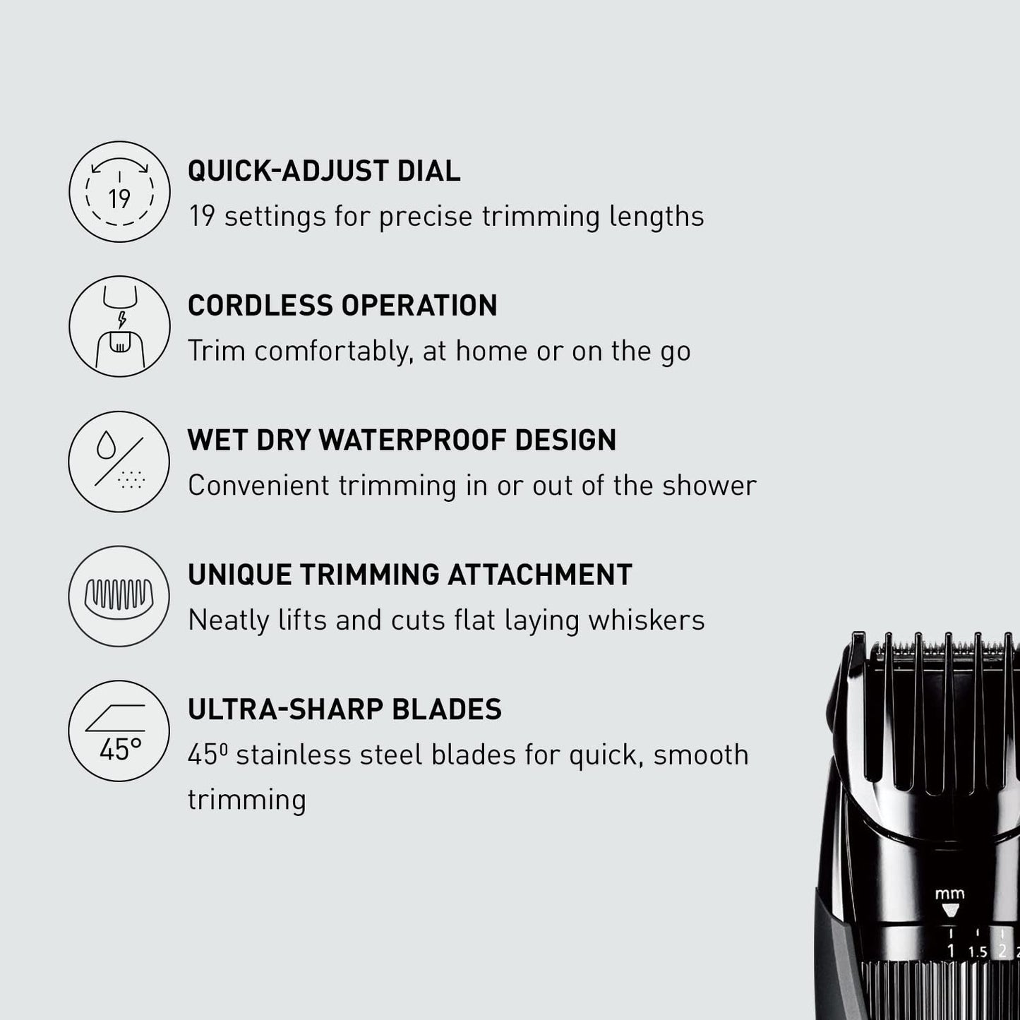 Panasonic Cordless Men's Beard Trimmer With Precision Dial, Adjustable 19 Length Setting, Rechargeable Battery, Washable - ER-GB42-K (Black)