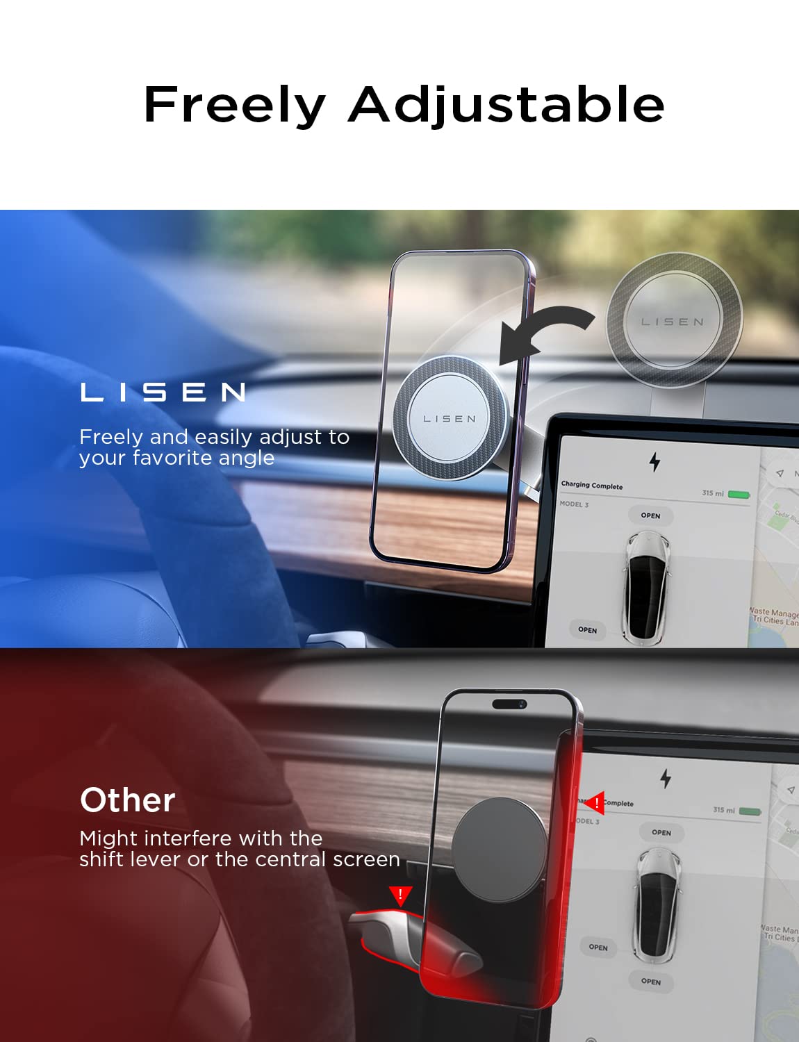 LISEN Tesla Phone Mount Holder, for MagSafe Car Mount [20 Strongest Magnets] Tesla Model 3/Y/X/S Accessories 2023, Adjustable Tesla Accessories Model 3/Y Fits for iPhone 15 Pro Max Plus 14 13 12 Mini