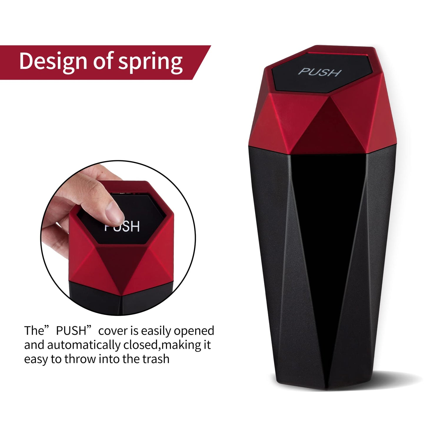 JUSTTOP Car Trash Can with Lid, Diamond Design Small Automatic Portable Trash Can, Easy to Clean, Used in Car Home Office Interior Accessories, 2PCS (Red)