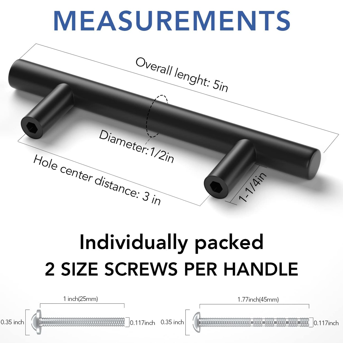 Kmall 30 Pack | 3 Inch Center to Center Cabinet Handles Drawer Pulls for Kitchen Matte Black Cabinet Pulls Stainless Steel, 5" Length (3" Hole Center) Kitchen Cabinet Hardware