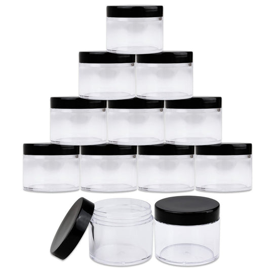 Beauticom 60 Grams/60 ML (2 Oz) Round Clear Leak Proof Plastic Container Jars with Black Lids for Travel Storage Makeup Cosmetic Lotion Scrubs Creams Oils Salves Ointments (12 Jars)