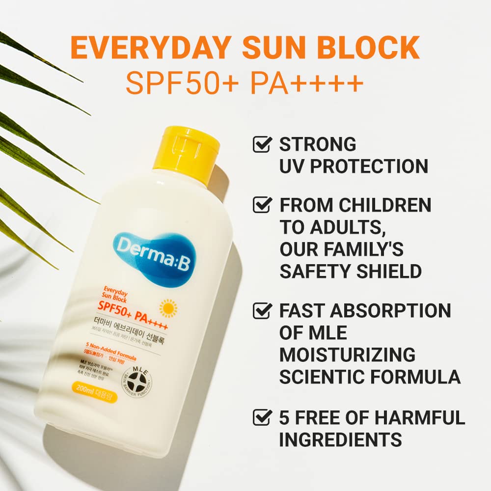 Derma B Everyday Sun Block Large Size Sunscreen SPF50+ PA++++ 6.71 Fl Oz, 200ml Fast-Absorbing Lightweight SPF Moisturizer, Facial Body Non-Sticky for Dewy Skin, Korean Protection Lotion