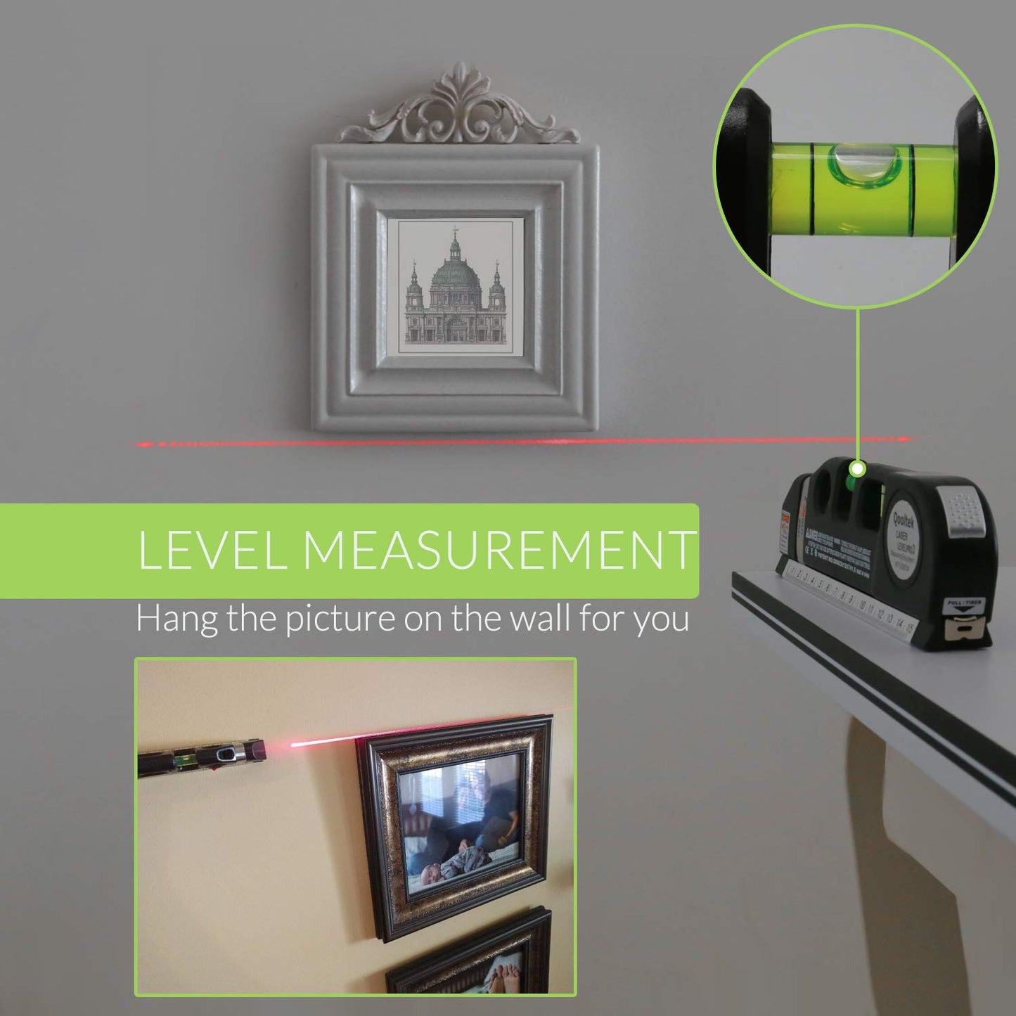 Laser Level Line Tool, Qooltek Multipurpose Cross Line Laser 8 feet Measure Tape Ruler Adjusted Standard and Metric Rulers for hanging pictures