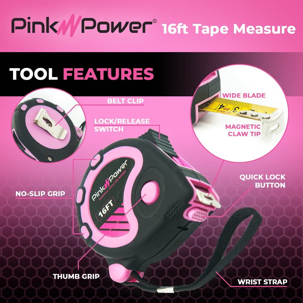 Pink Power 16ft Pink Measuring Tape Measure for Womens Tool Kit with Retractable Blade and Lock Button - Girls Tape Measure for Pink Tools - Lightweight Measurement Tape