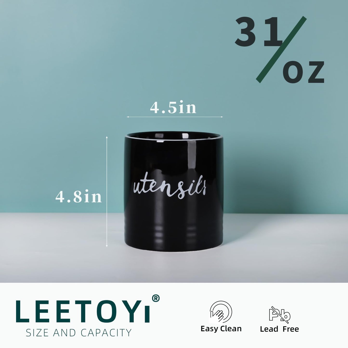 LEETOYI Farmhouse Utensil Holder,Ceramic Utensil Crock Easy to Clean 4.5-inch (Black)