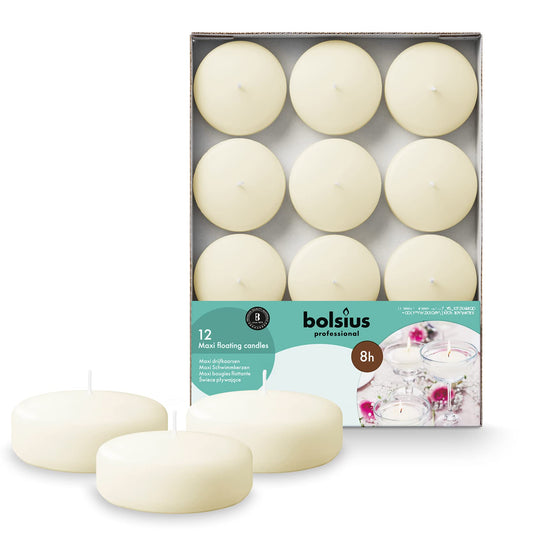 BOLSIUS Ivory Floating Candles 3 inch - 12 Pack Water Candles - Premium European Quality - 8 Hour Clean Burning - No Palm Oil - 0% Animal Fat - Cotton Wick - Centerpiece Decor, Romantic Wedding Events