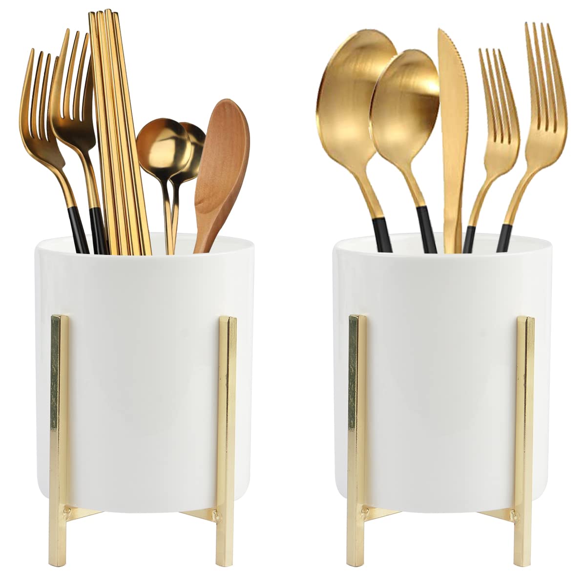 Kitchen Cooking Utensil Holder, 2 Pcs Ceramic Flatware Caddy with Gold Metal Bracket, Chic & Modern Kitchen Utensil Holder for Countertop, Rustic Cooking Utensil Crock for Farmhouse Kitchen Décor