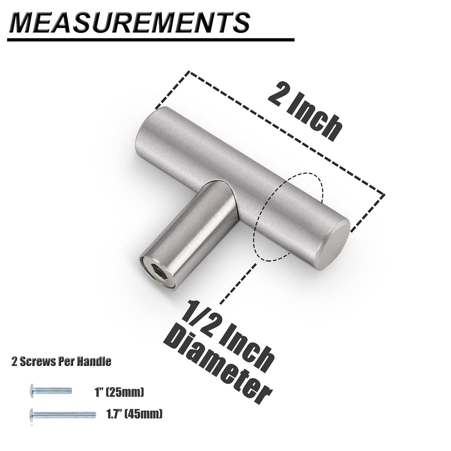 Probrico (50 Pack Brushed Nickel Cabinet Knobs, 2 Inches Length Stainless Steel Round T Bar Cabinet Pulls