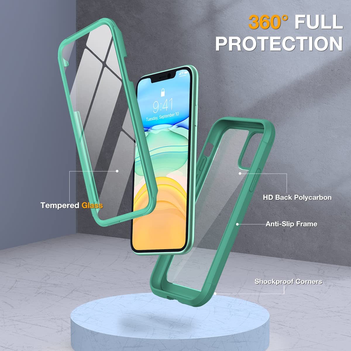 Miracase Glass Series Designed for iPhone 11 Case [2023 Upgraded] Full-Body Rugged Bumper Case with Built-in 9H Tempered Glass Screen Protector and Camera Protector (Light Green)