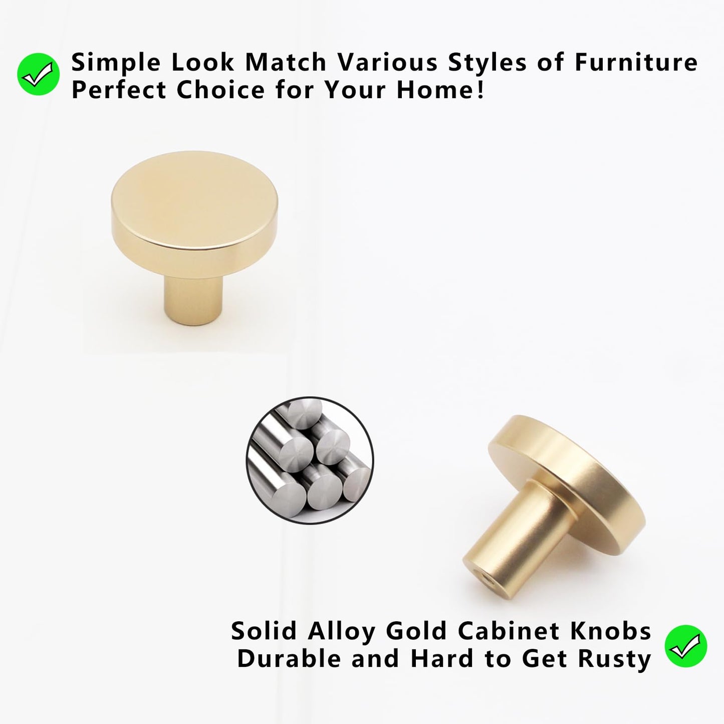 HANIHUA 5 Pack Gold Kitchen Cabinet Knobs, Solid Brushed Brass Dresser Knobs Drawer Knobs for Cabinets, Single Hole Gold Knob for Cabinets and Drawers Hardware Round