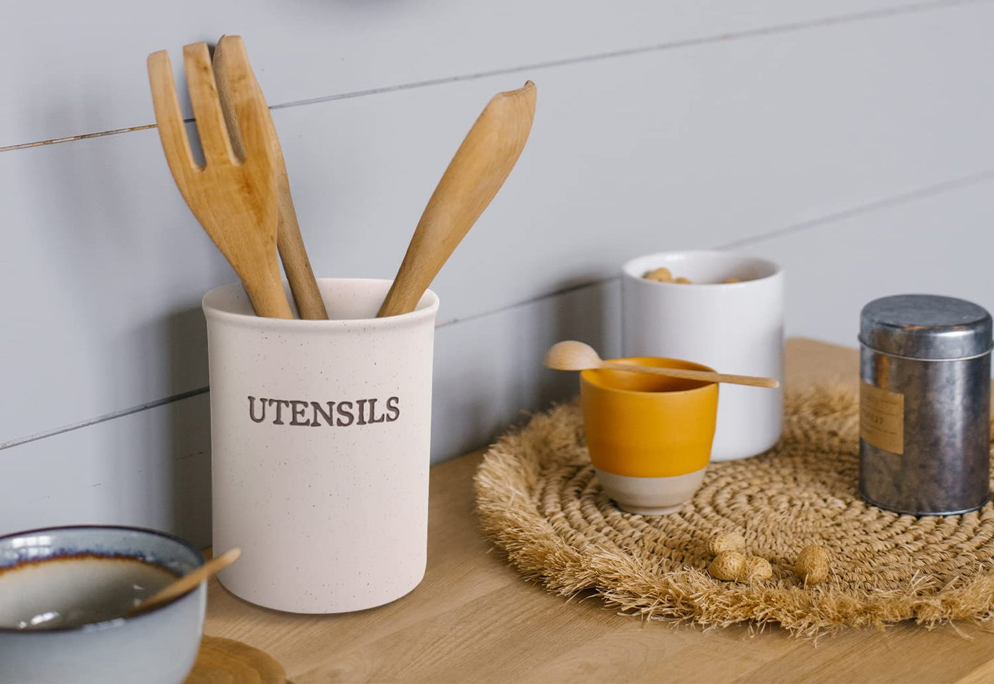 KooK Large Utensil Crock for Kitchen Counter, Ceramic Utensil Holder, Heavy & Stable Caddy, Farmhouse Decor, Matte Speckled Stoneware, Cream, 6”, Dishwasher Safe