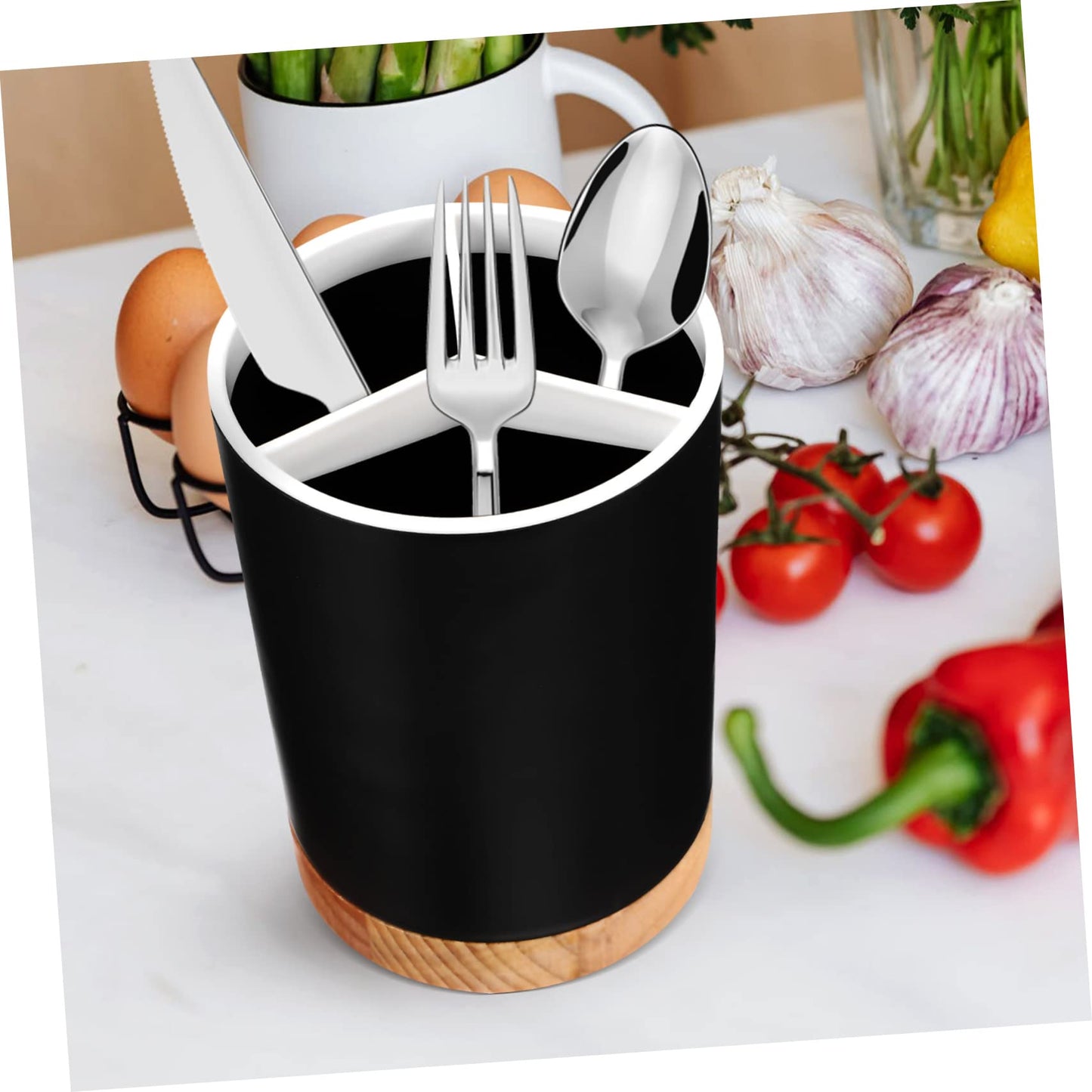 HOMSFOU Cutlery Storage Container Cutlery Holder Black Kitchen Decor Wood Utensil Holder Crock Accessories Black Kitchen Utensils Storage Drawers Organizer Chopstick Draining Holder Metal