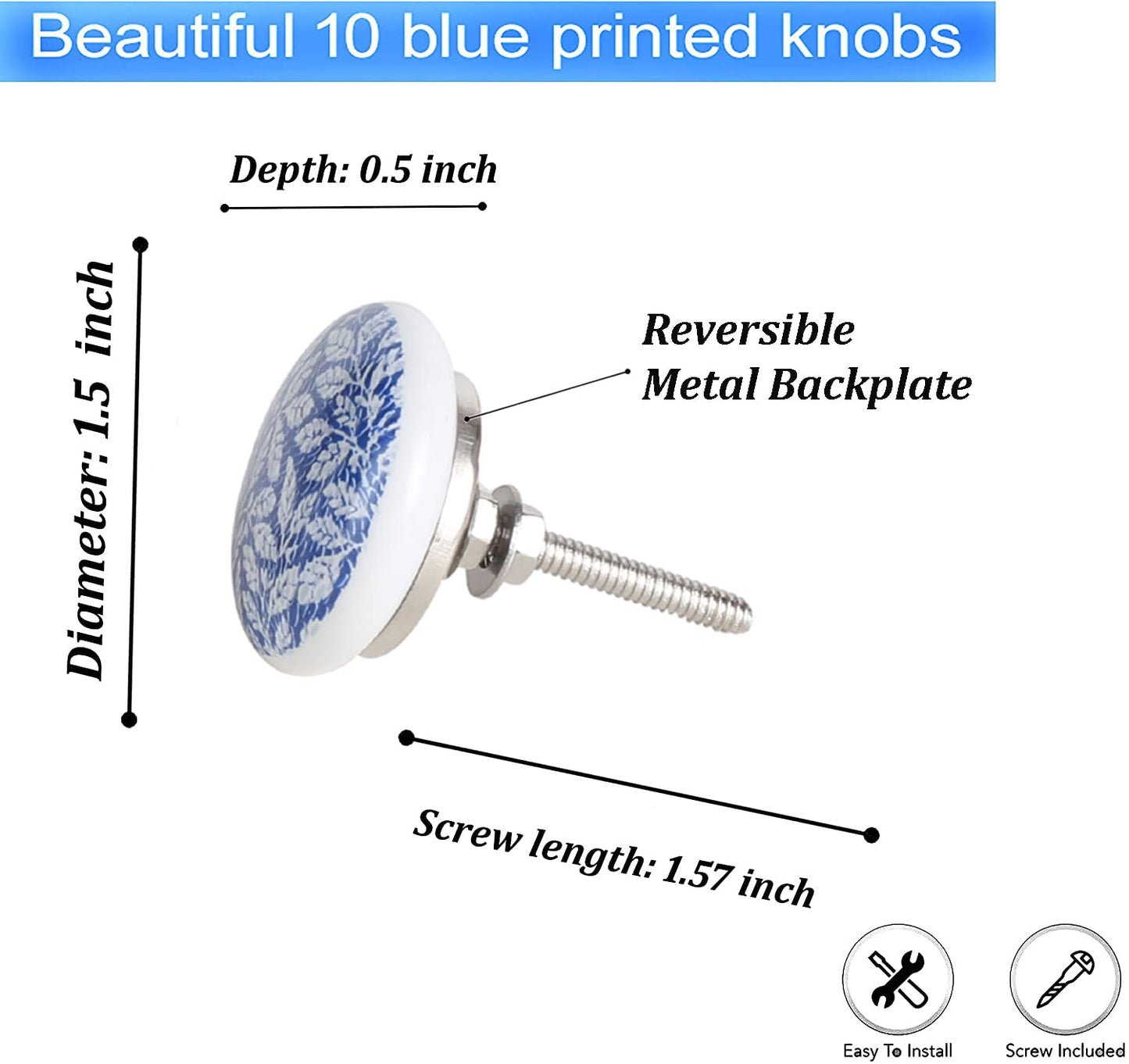 Perilla Home Set of 10 Ceramic Knobs Decorative Glass Knobs for Home Kitchen Cabinet Hardware Cupboard Glass Door Dresser Wardrobe and Drawer Pulls (Blue)