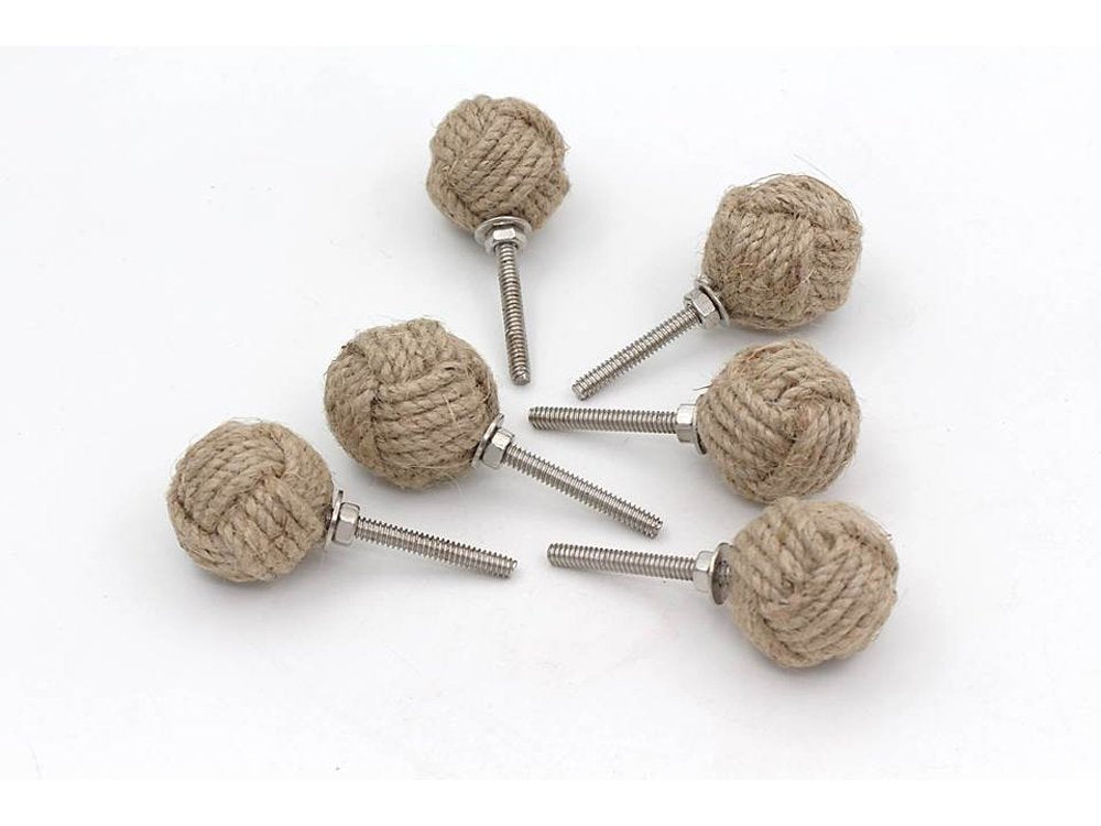 RII 6 Rope Doorknobs Nautical Twisted Decorative Jute, Rustic Rope Knot Drawer Pull and Push, Furniture Handles/Knobs, Cabinets, Nautical Hardware Décor, 1.25"