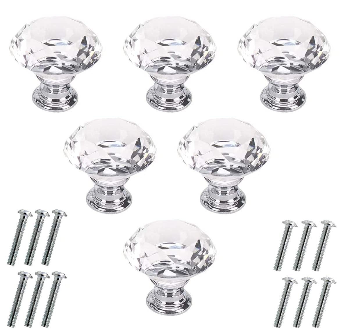 Akstore 6 Pcs Crystal Glass Cabinet Knobs 30mm Diamond Shape Drawer Kitchen Cabinets Dresser Cupboard Wardrobe Pulls Handles (30mm, Clear)