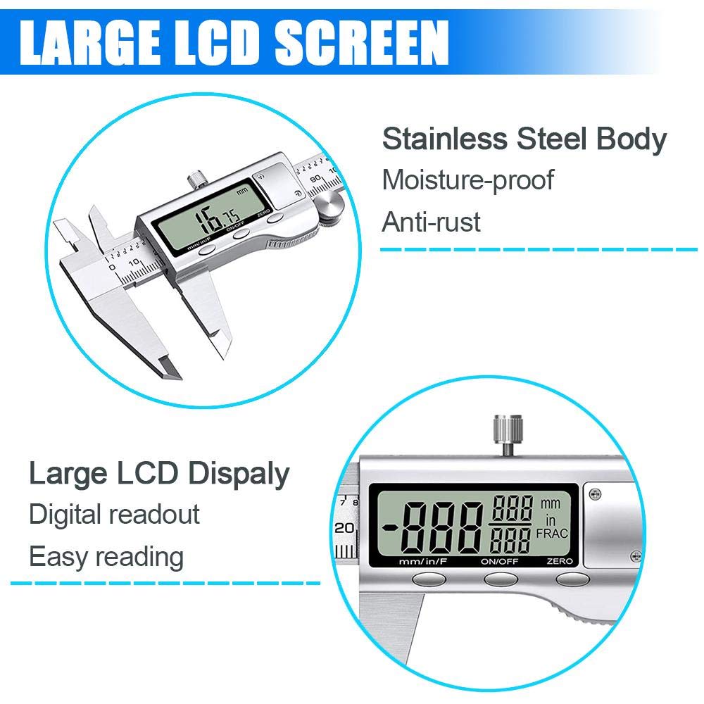 Digital Caliper Measuring Tool, Stainless Steel Vernier Caliper Digital Micrometer with Large LCD Screen, Easy Switch from Inch Metric Fraction, 6 Inch Caliper Tool for DIY/Household