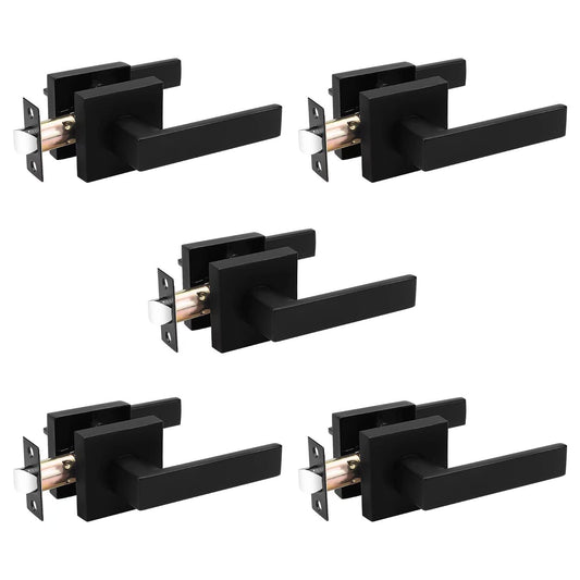 Probrico 5 Pack Square Door Lever Door Lock Handle Lockset Keyless Doorknobs Passage Knobs Lockset Interior Hallway Passage Closet Black