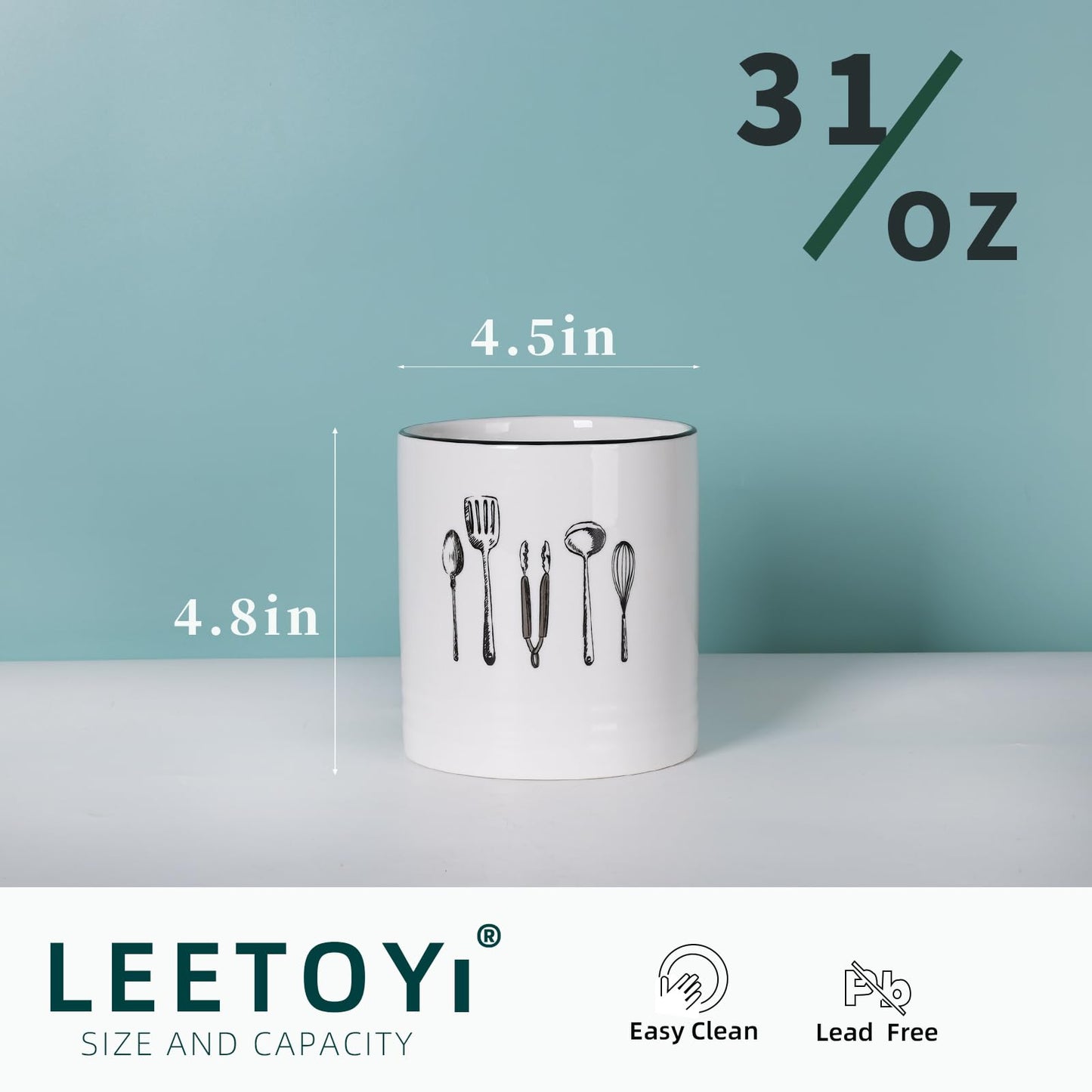 LEETOYI Kitchen Utensil Holder For Countertop, Farmhouse Ceramic Utensil Crock for Cooking Counter, Easy to Clean