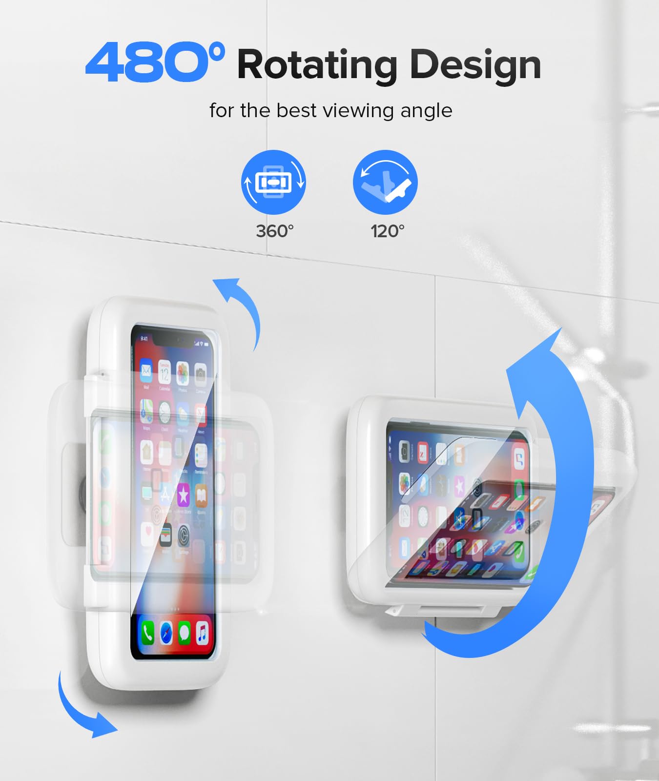 LC-dolida Shower Phone Holder Waterproof 480 Rotation Shower Phone Stand Case Mount for Bathroom Batheub Kitchen Wall Mirro Compatible with iPhone 14 13 12 11 Pro Max XS XR up to 6.8" Cell Phone