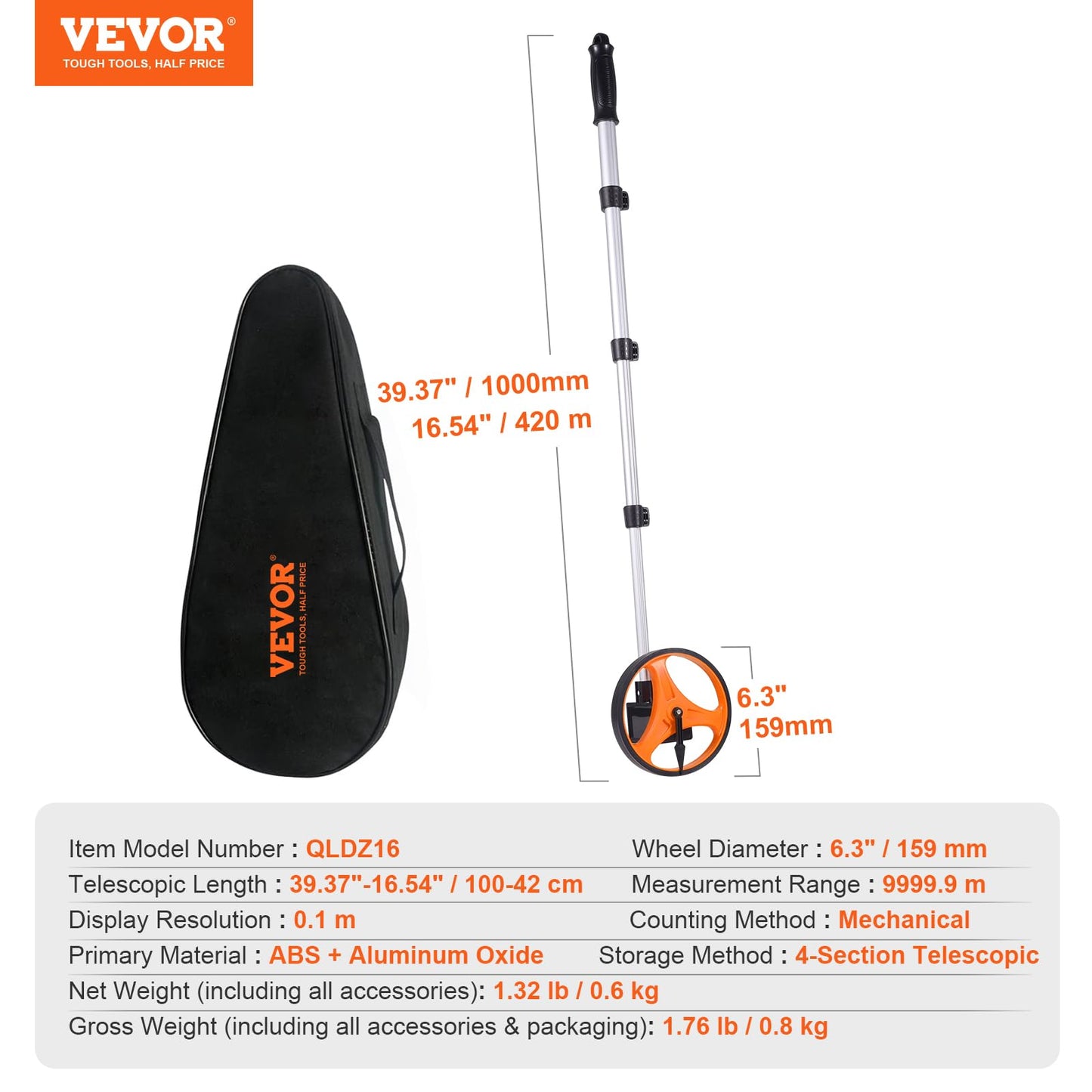 VEVOR Measuring Wheel in Inches, 6.3 in Wheel Diameter, 39.37-16.53 in Telescoping Measure Wheel, Measurement 0-9,999m with Back Bag, Suitable for Lawn/Hard/Soft/Wood Road Measuring