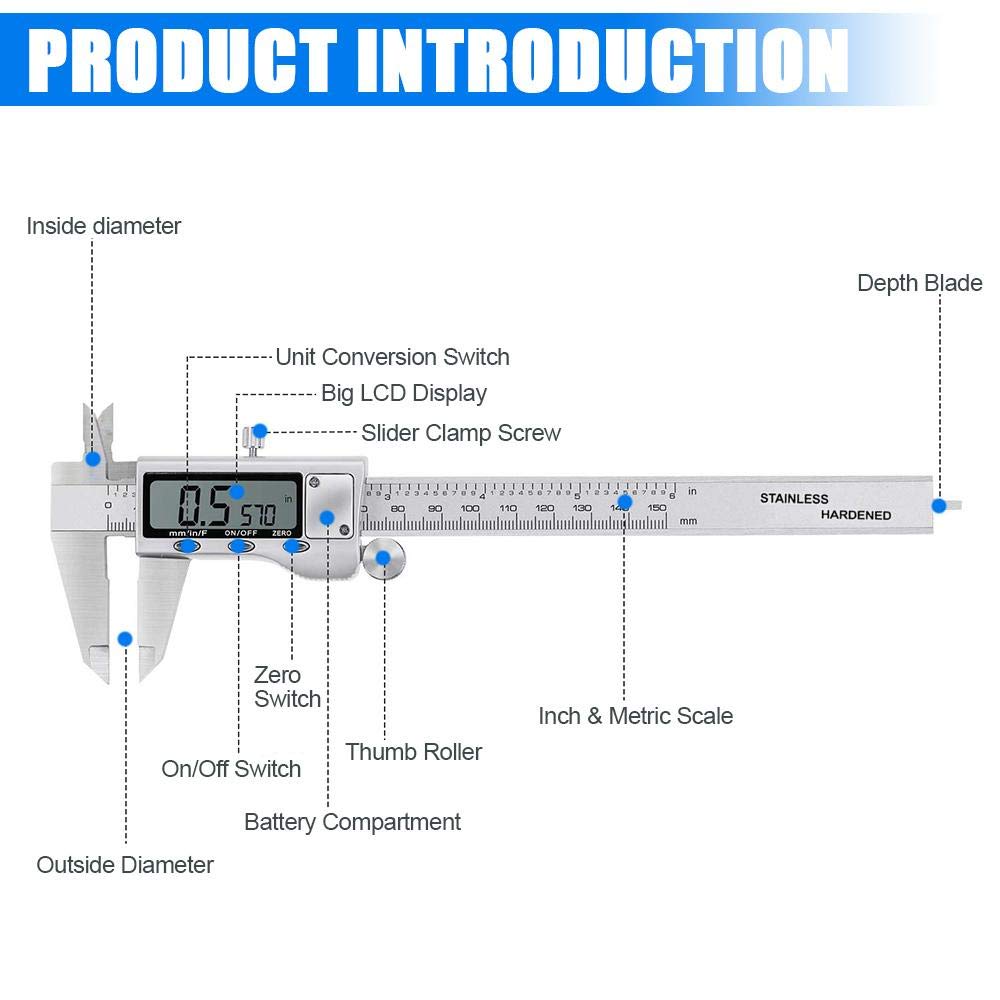 Digital Caliper Measuring Tool, Stainless Steel Vernier Caliper Digital Micrometer with Large LCD Screen, Easy Switch from Inch Metric Fraction, 6 Inch Caliper Tool for DIY/Household