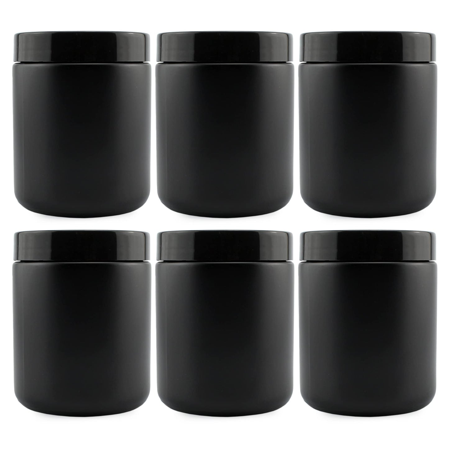 Cornucopia 8oz Black Coated Glass Jars (6-Pack); Cosmetic Jars with Black Plastic Lids and Black Matte Exterior, 8-Ounce / 9-ounce Capacity