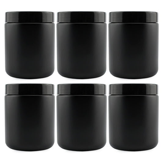 Cornucopia 8oz Black Coated Glass Jars (6-Pack); Cosmetic Jars with Black Plastic Lids and Black Matte Exterior, 8-Ounce / 9-ounce Capacity