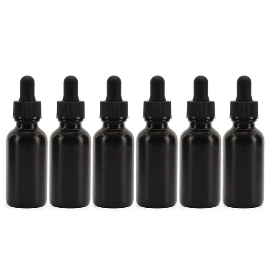 Cornucopia 1oz Black Coated Glass UV Resistant Eye Dropper Bottles (6 pack), UV Safe Bottles for Essential Oils and Aromatherapy