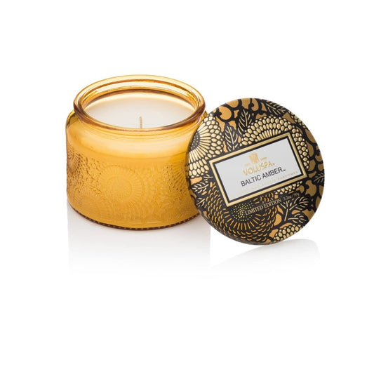 Voluspa Baltic Amber Candle | Petite Embossed Glass Jar | 3.2 Oz. | 25 Hr Burn Time | Vegan | Coconut Wax and Natural Wicks for Clean Burning