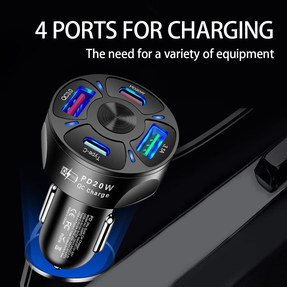 Car Charger Adapter,4 Ports USB Fast Car Charger QC3.0/PD20W/Type-c/2.1A, Smart Shunt Car Phone Charger Compatible iPhone 14 13 12 Pro Max/All Smart Phones (Black)