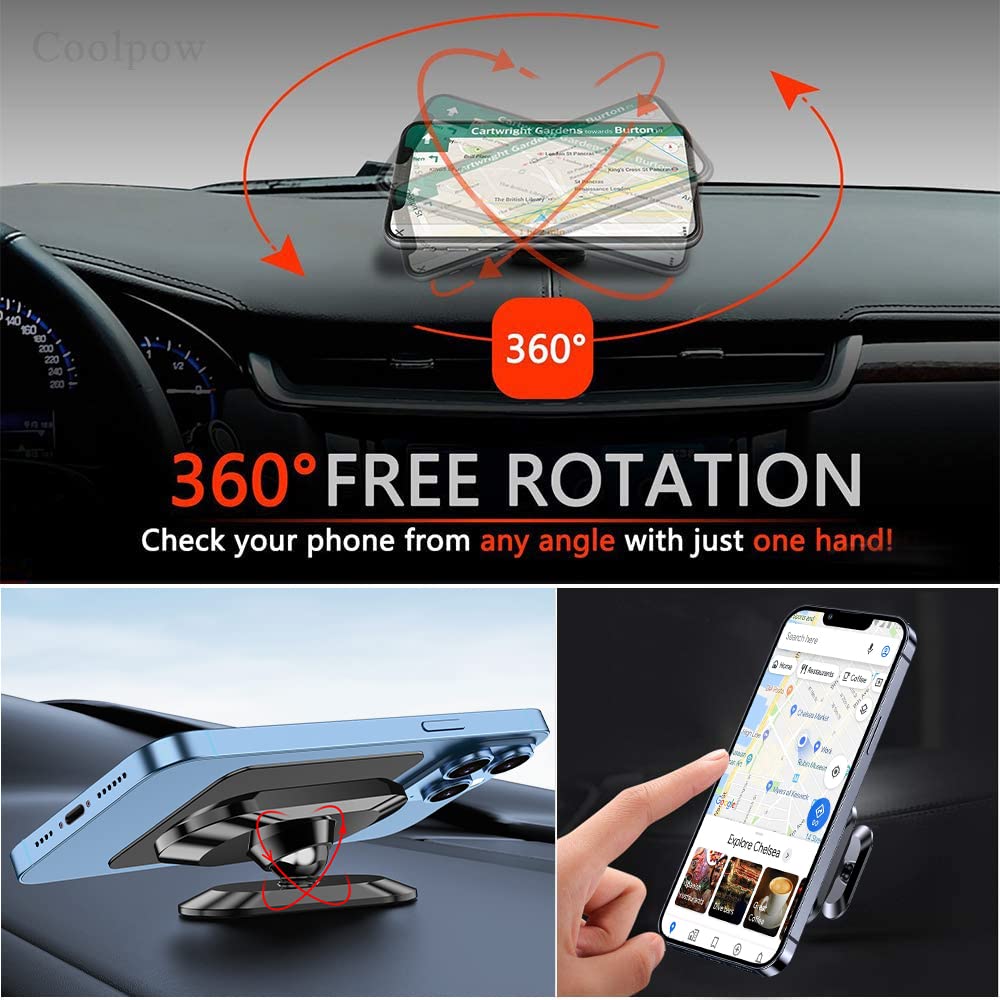 【2-PACK】Magnetic phone holder for car, [ Super Strong Magnet ] [ with 4 Metal Plate ] iPhone car mount for cell phone, [ 360° Rotation ] Universal Dashboard adhesive Magnetic Phone Mount